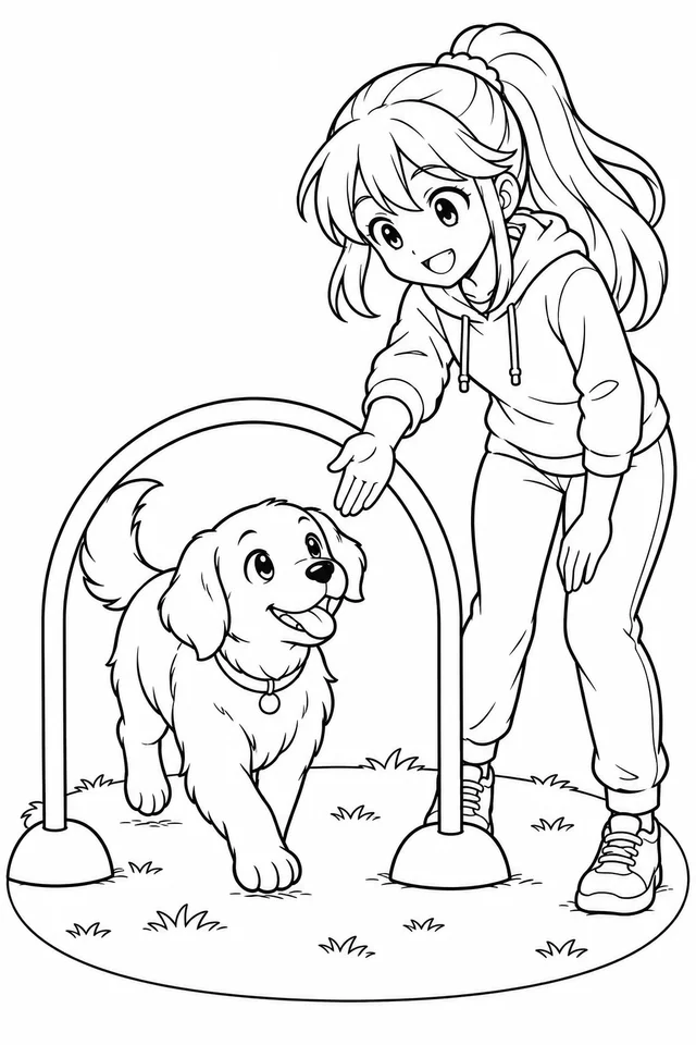 Garota guiando um cachorro por um circuito em estilo anime para colorir