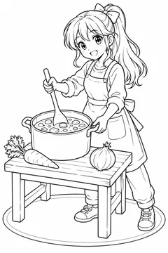 Garota preparando uma sopa em estilo anime para colorir