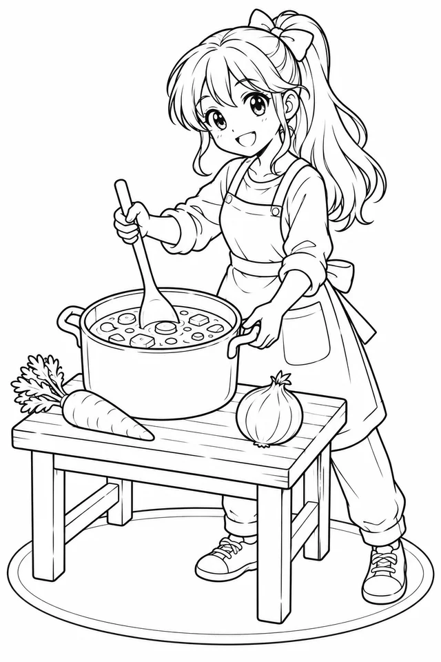 Garota preparando uma sopa em estilo anime para colorir