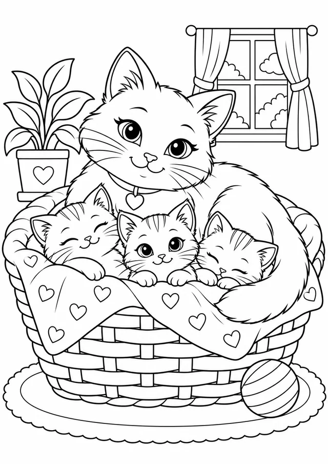 Gata com filhotes numa cesta para colorir