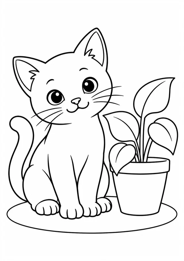 Gatinho ao lado de um vaso de folhas para colorir