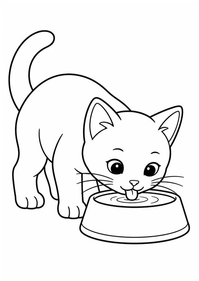 Gatinho bebendo água na tigela para colorir