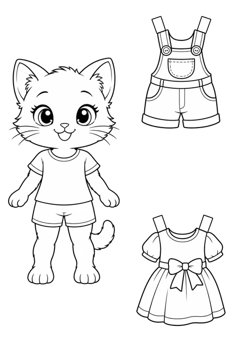 Gatinho de papel com roupas para vestir para colorir
