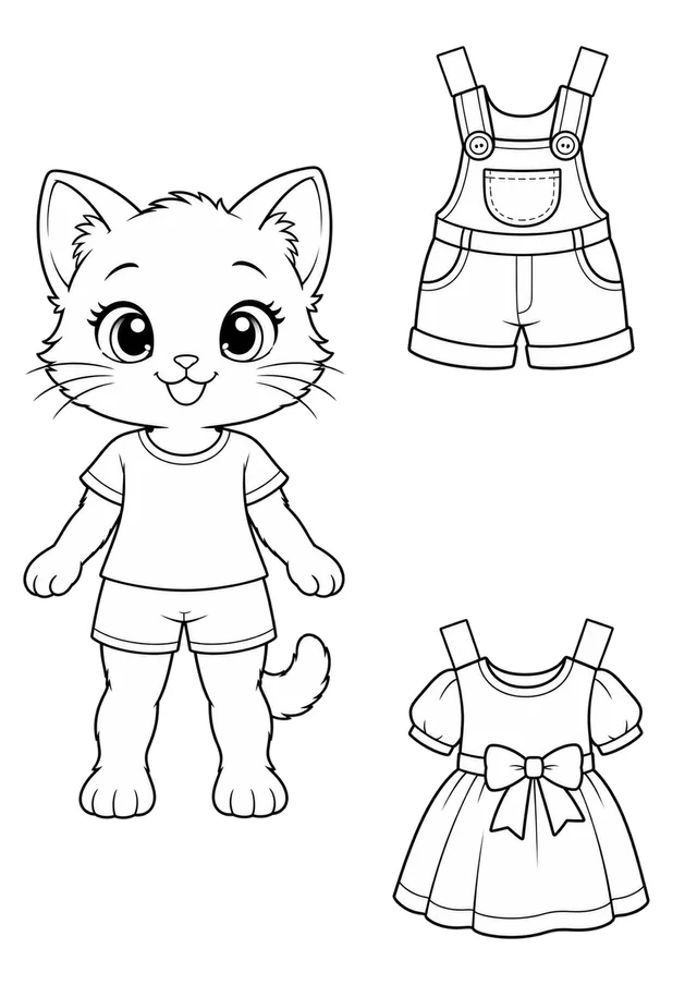 Gatinho de papel com roupas para vestir para colorir