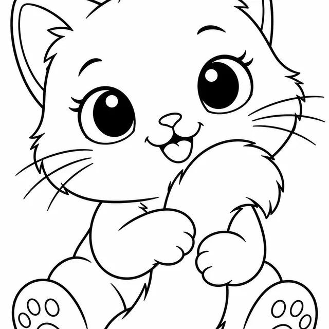 Gatinho fofo abraçando a cauda para colorir