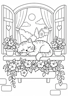Gato dormindo na janela florida para colorir
