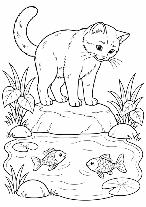 Gato observando peixes no lago para colorir