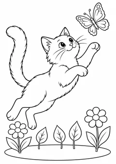 Gato pulando para pegar uma borboleta para colorir
