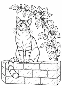 Gato vira-lata no muro para colorir