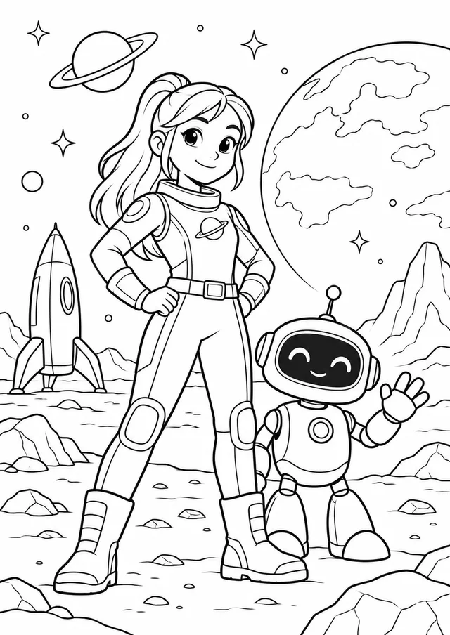 Heroína original das estrelas com robô amigo para colorir