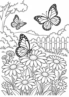 Jardim de primavera com borboletas e margaridas para colorir