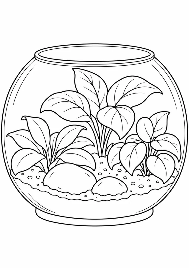 Jardim em miniatura dentro de um terrário para colorir