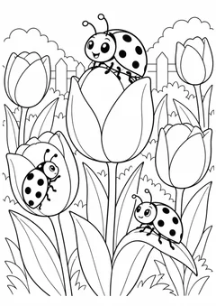 Joaninhas num jardim de tulipas para colorir