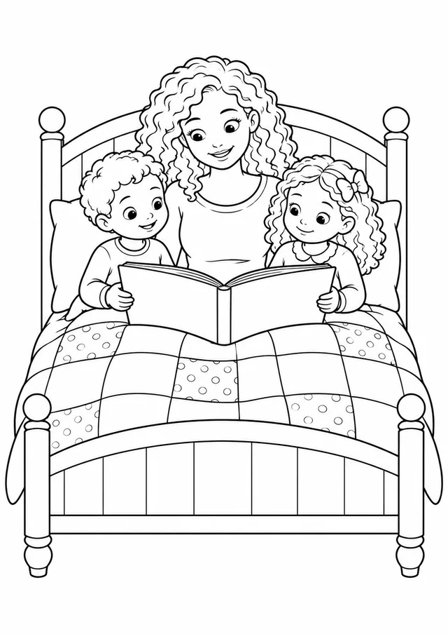 Mãe e filhos lendo na cama para colorir