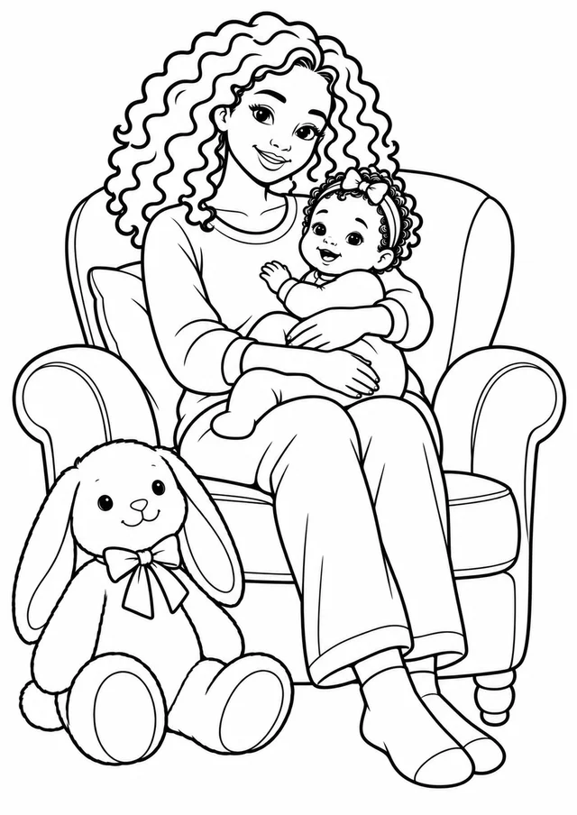 Mãe embalando o bebê na poltrona para colorir