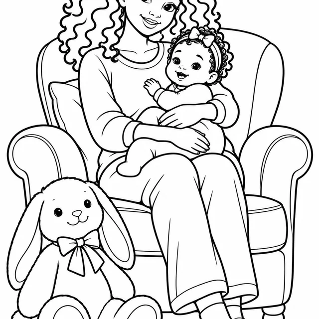 Mãe embalando o bebê na poltrona para colorir