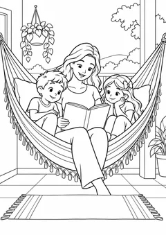 Mãe lendo para filhos numa rede para colorir