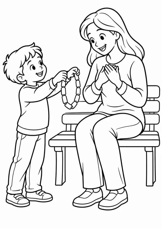 Mãe recebendo colar de macarrão para colorir