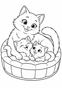 Mamãe gata com filhotes na cesta para colorir