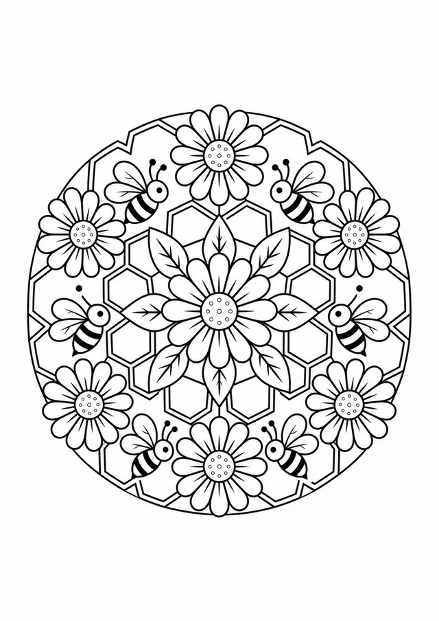 Mandala de margaridas e abelhas para colorir