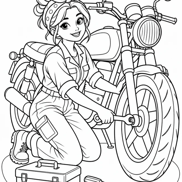 Mecânica ajustando a roda de uma moto para colorir
