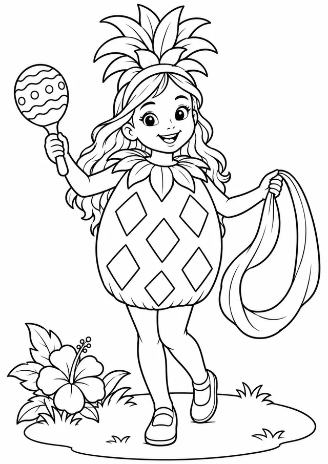 Menina com fantasia de abacaxi e chocalho para colorir