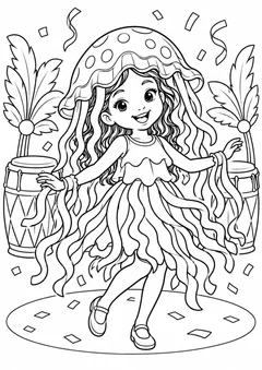 Menina com fantasia original de água-viva e fitas largas para colorir