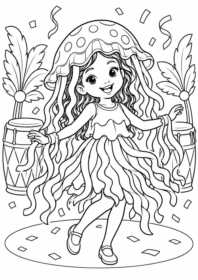 Menina com fantasia original de água-viva e fitas largas para colorir
