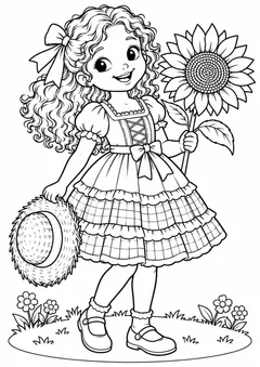 Menina com vestido caipira e girassol para colorir