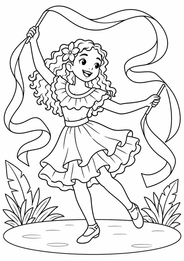 Menina dançando com fitas largas de tecido para colorir