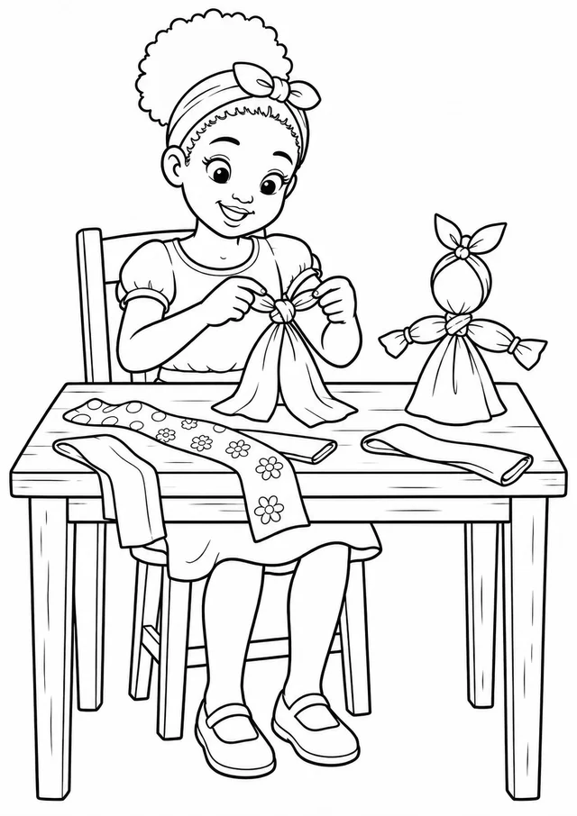 Menina fazendo boneca abayomi para colorir