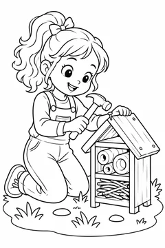 Menina montando um hotel de insetos para colorir