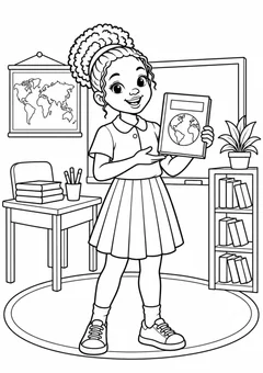 Menina negra apresentando um livro na escola para colorir