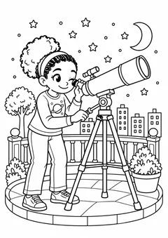 Menina negra astrônoma junto ao telescópio para colorir