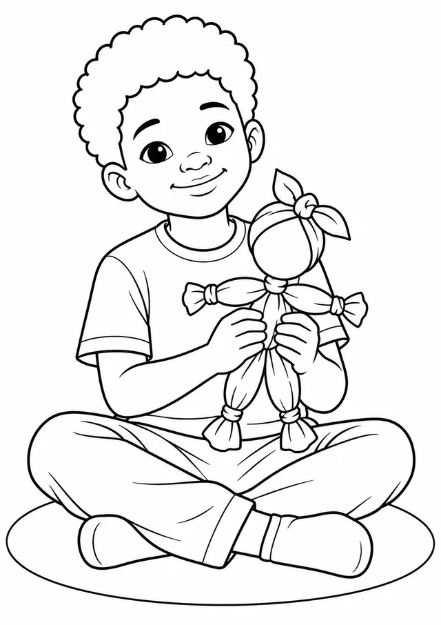 Menino abraçando boneca Abayomi para colorir