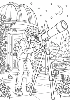 Menino em estilo anime no observatório para colorir