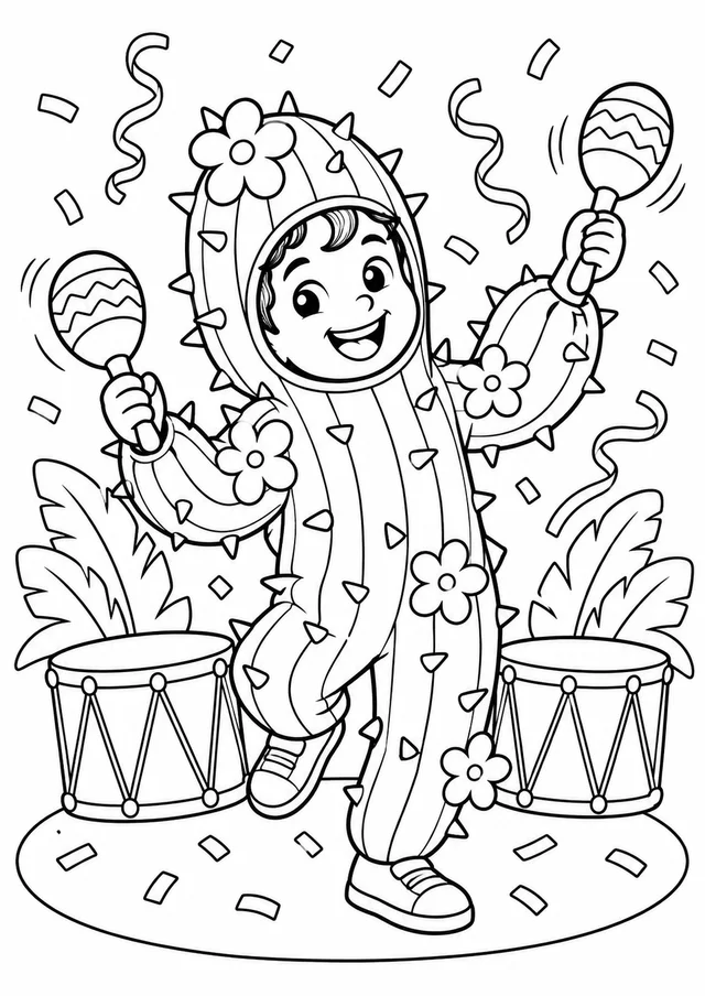 Menino com fantasia original de cacto florido para colorir