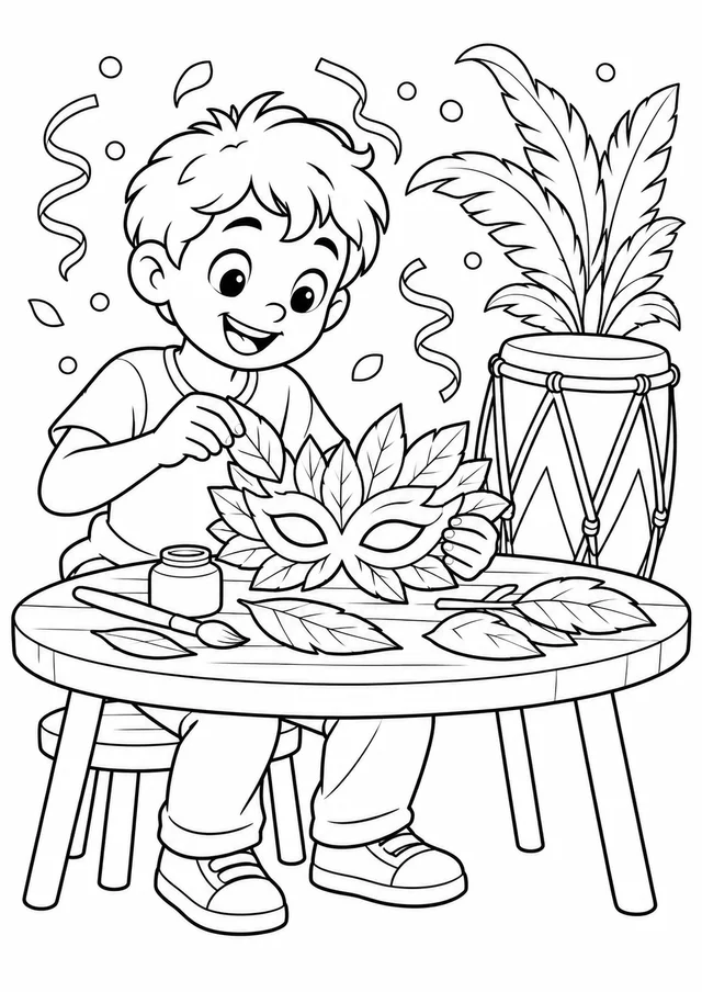 Menino criando uma máscara de folhas para colorir