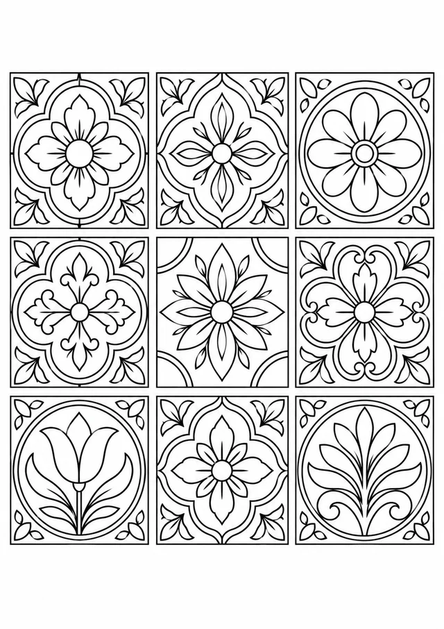 Mosaico de azulejos com arcos e folhas para colorir