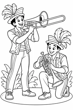 Músicos de frevo preparando os instrumentos para colorir