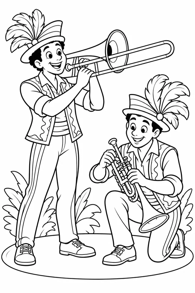 Músicos de frevo preparando os instrumentos para colorir