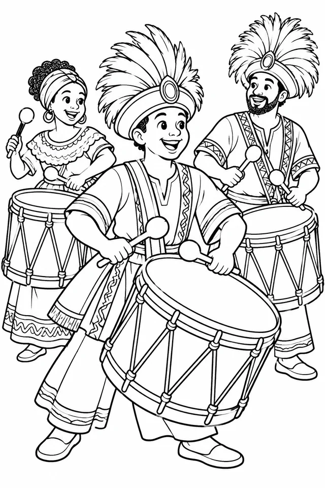 Músicos de maracatu ensaiando com instrumentos grandes para colorir