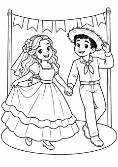Noivos da quadrilha de mãos dadas para colorir