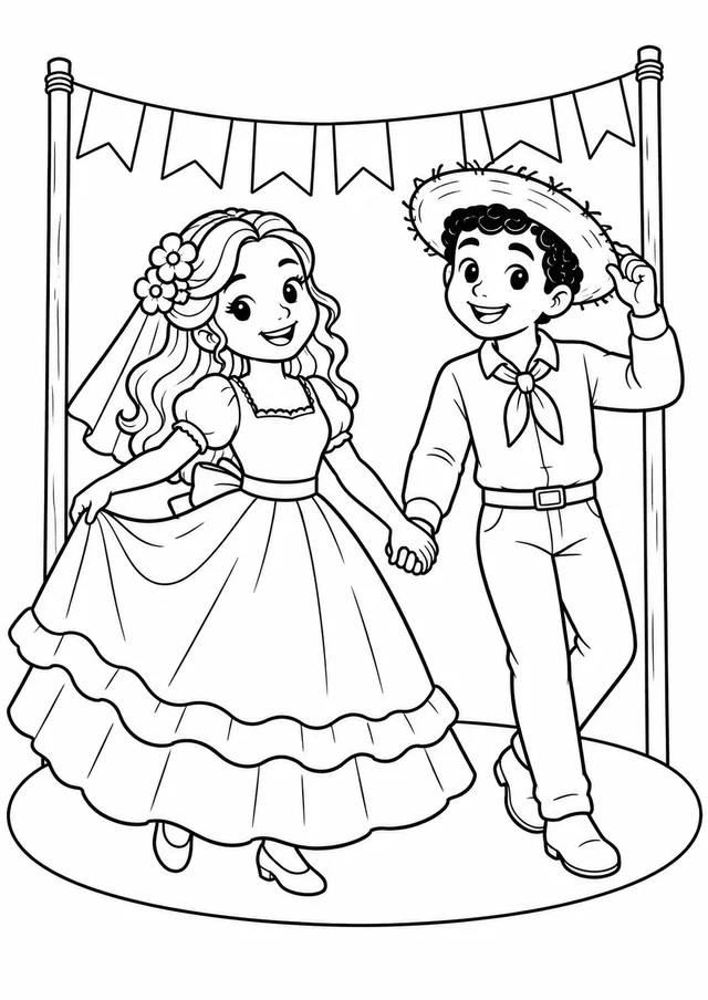 Noivos da quadrilha de mãos dadas para colorir