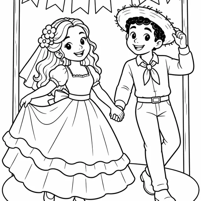 Noivos da quadrilha de mãos dadas para colorir
