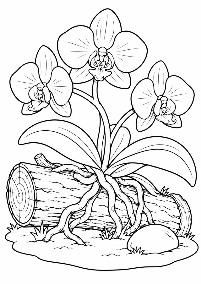 Orquídea crescendo num tronco baixo para colorir