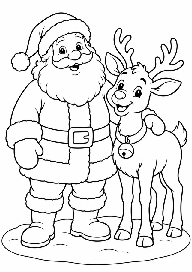 Papai Noel com uma rena para colorir
