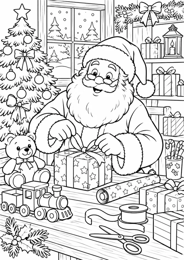 Papai Noel preparando presentes para colorir