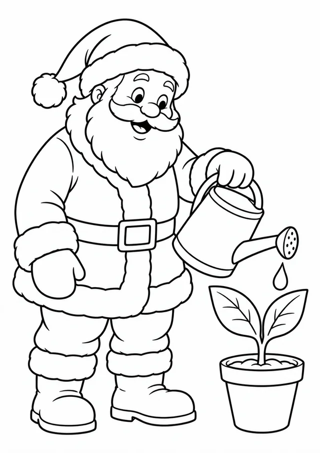 Papai Noel regando uma muda para colorir