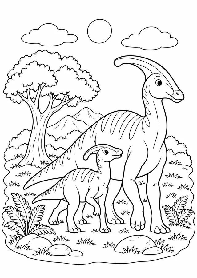 Parassaurolofo e filhote perto da árvore para colorir